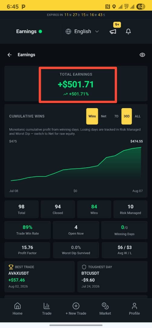 CryptoFlow Bot earnings dashboard showing total earnings and cumulative trading activity